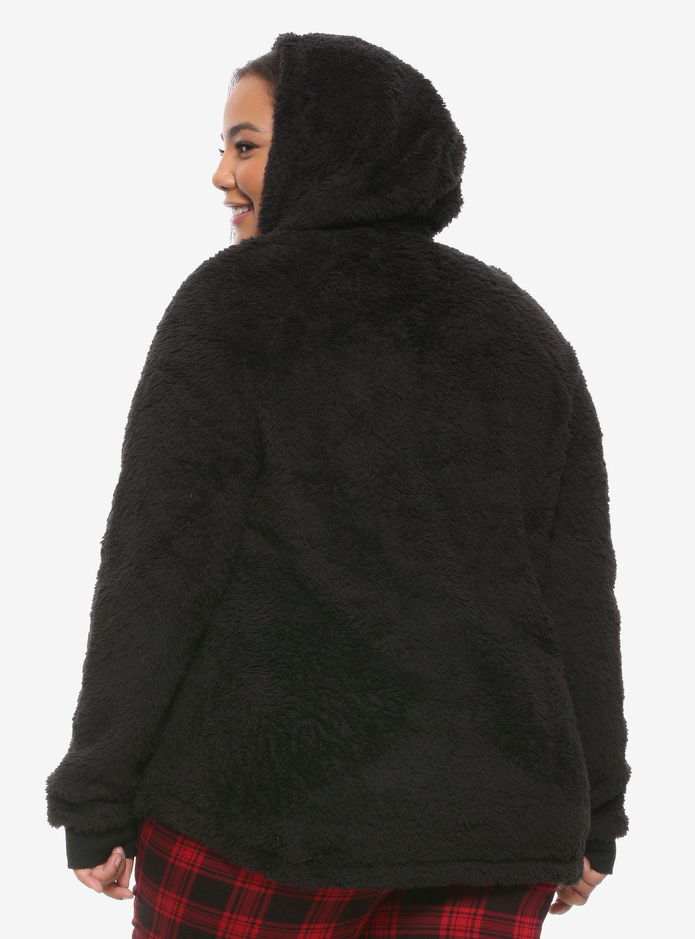 Black Fuzzy Half-Zipper Girls Hoodie Plus Size, BLACK, alternate