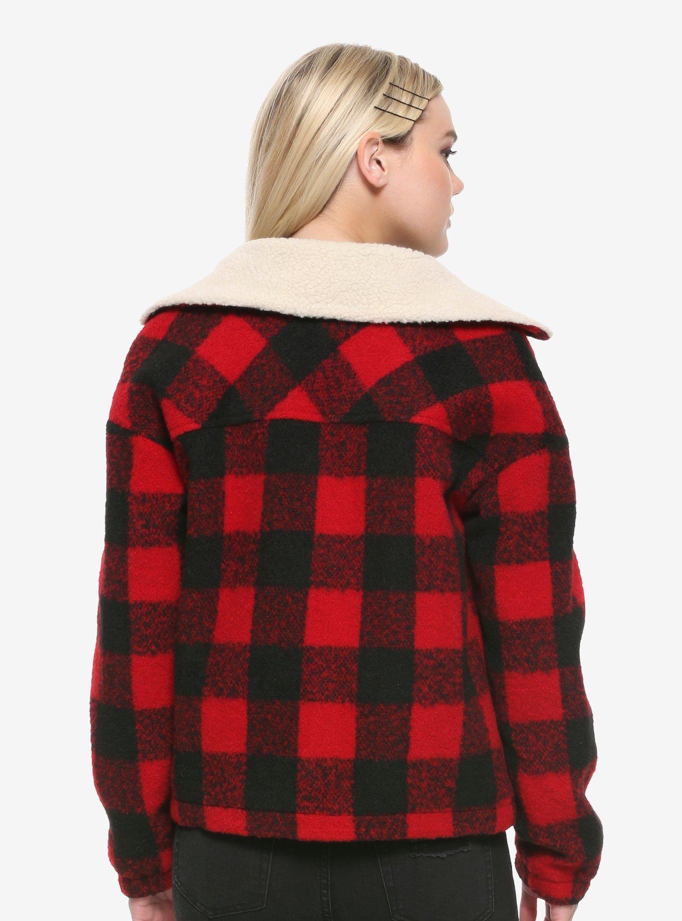 Black & Red Plaid Fuzzy Girls Jacket, BLACK, alternate