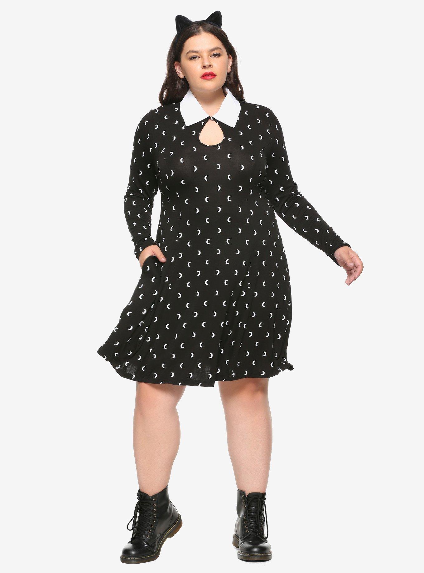 Moon Print Long-Sleeve Collared Dress Plus Size, WHITE, alternate