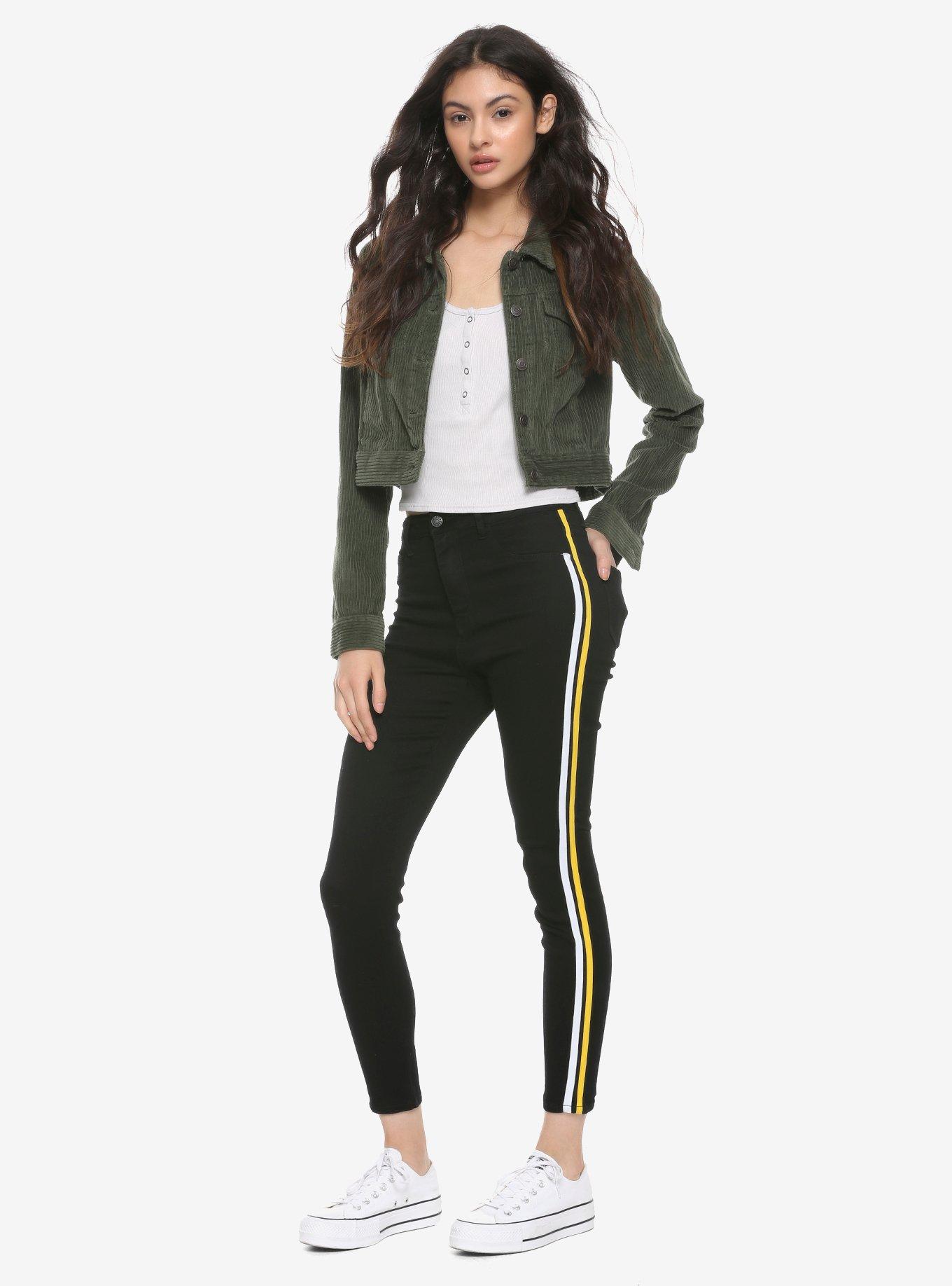 Yellow & White Tape Cropped Black Skinny Jeans, BLACK, alternate