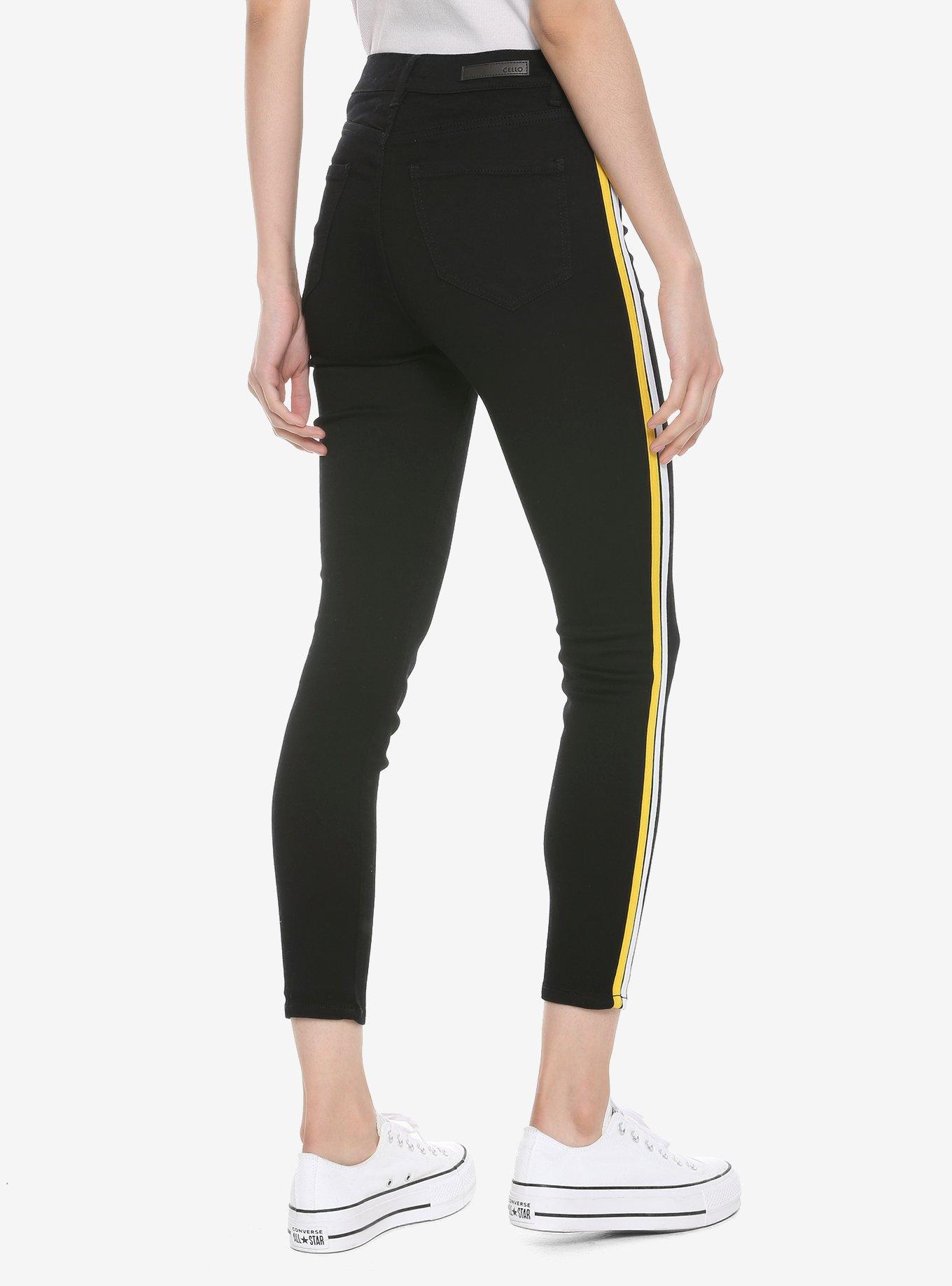 Yellow & White Tape Cropped Black Skinny Jeans, BLACK, alternate