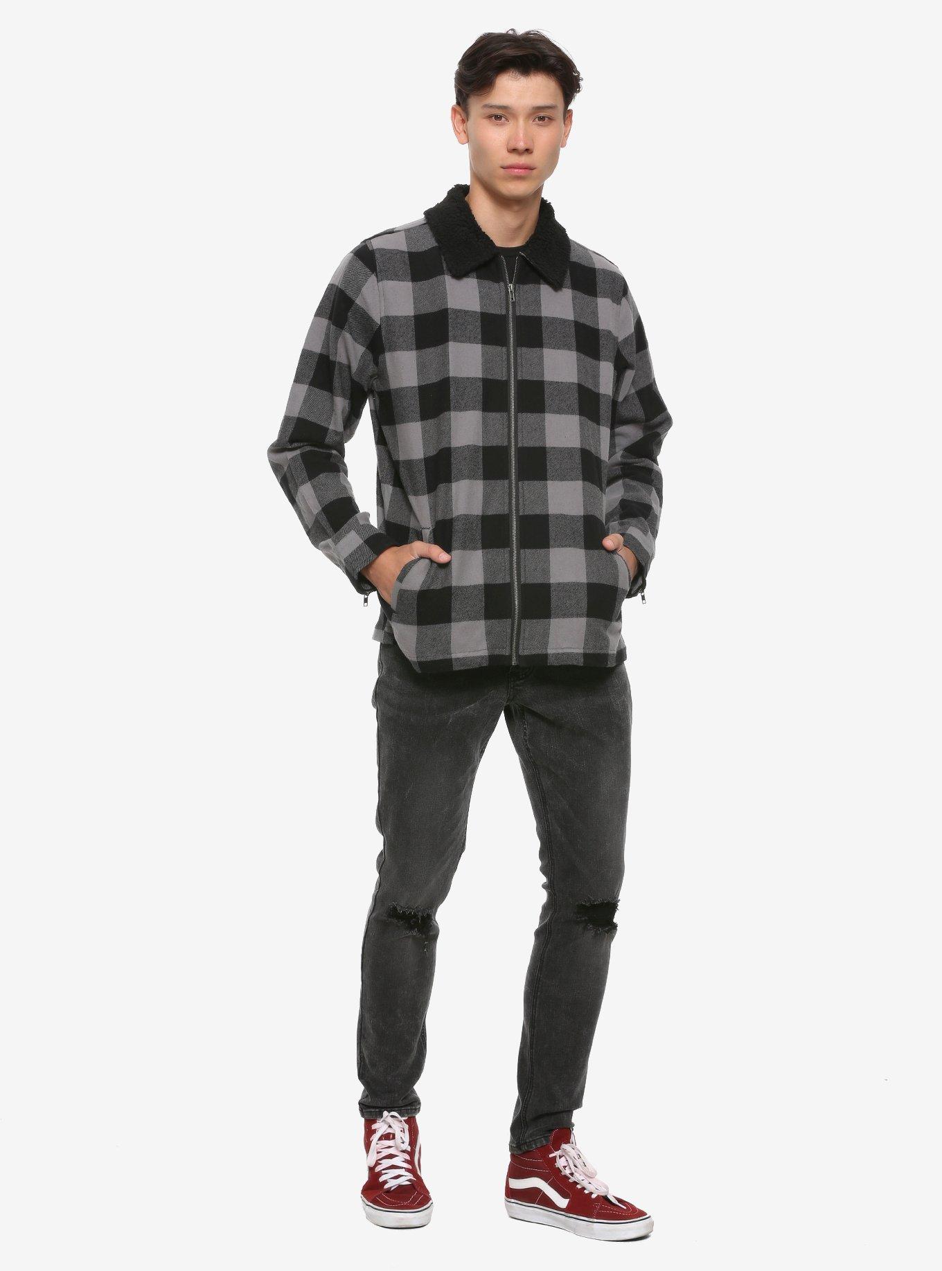 Black & Grey Plaid Sherpa Collar Jacket, MULTI, alternate