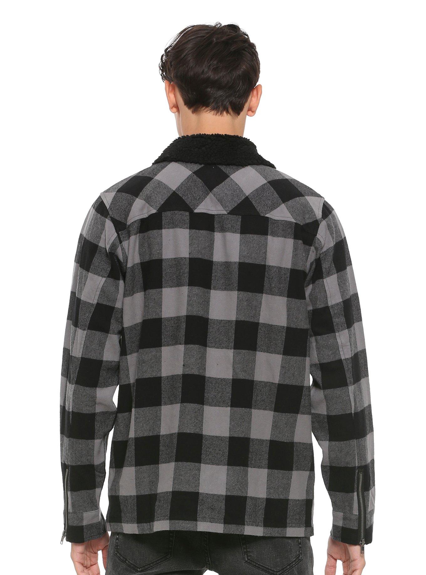 Black & Grey Plaid Sherpa Collar Jacket, MULTI, alternate