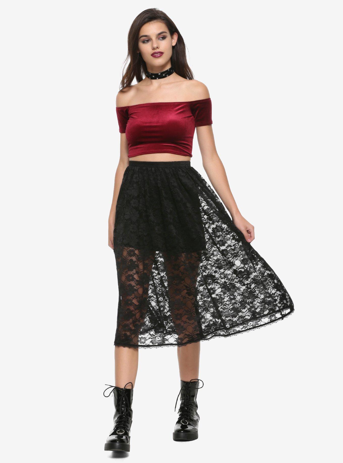 Black Lace Midi Skirt, BLACK, alternate