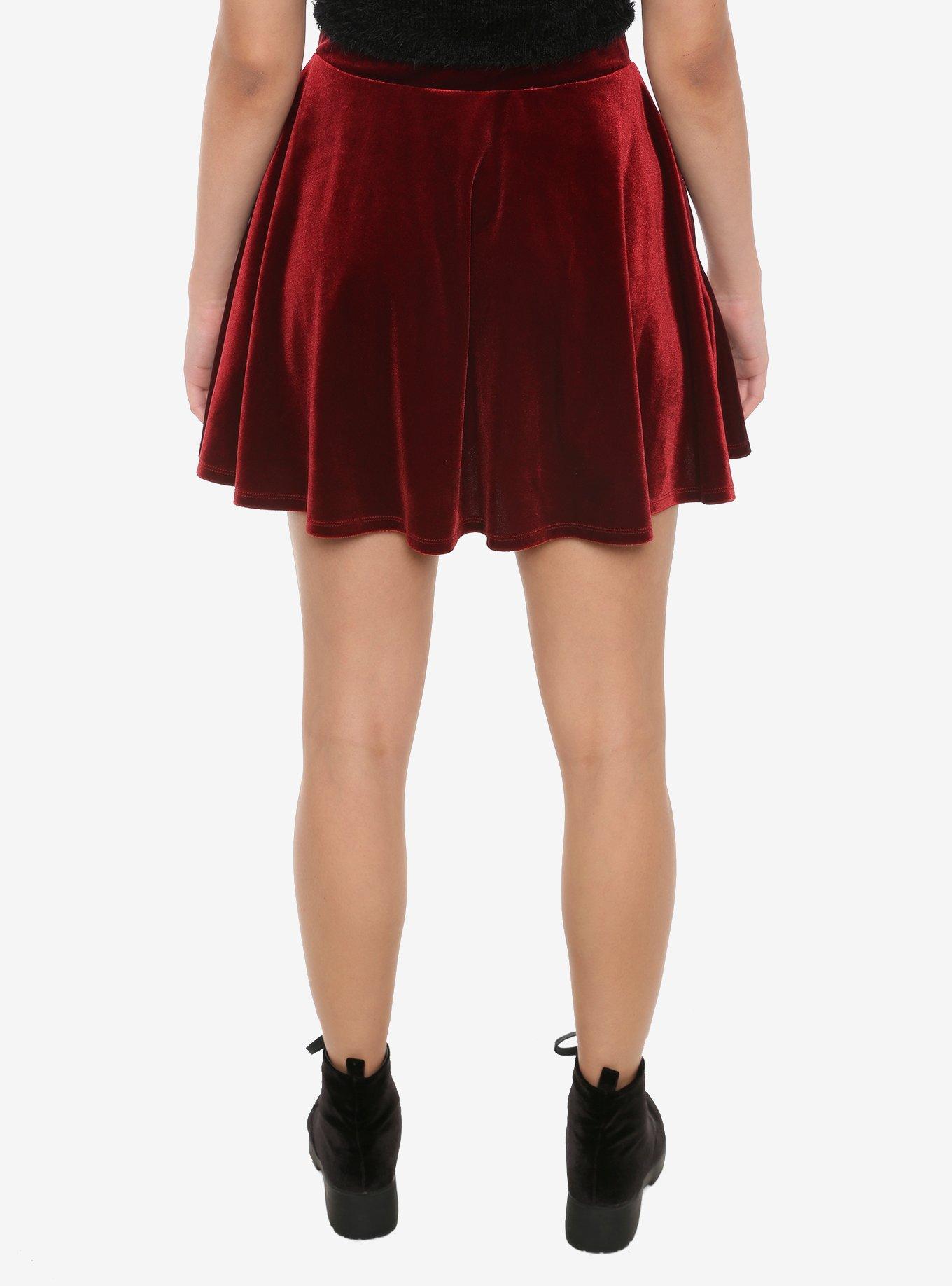 Burgundy Velvet Lace-Up Skater Skirt, CABERNET, alternate