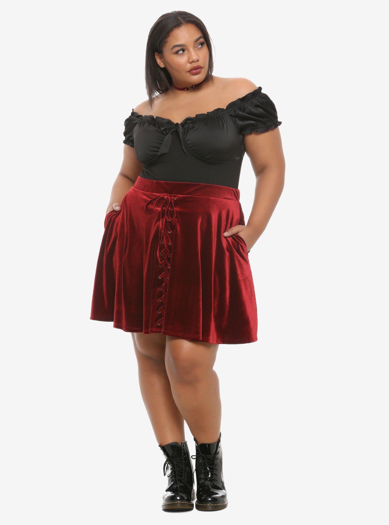 Burgundy Velvet Lace-Up Skater Skirt Plus Size, CABERNET, alternate