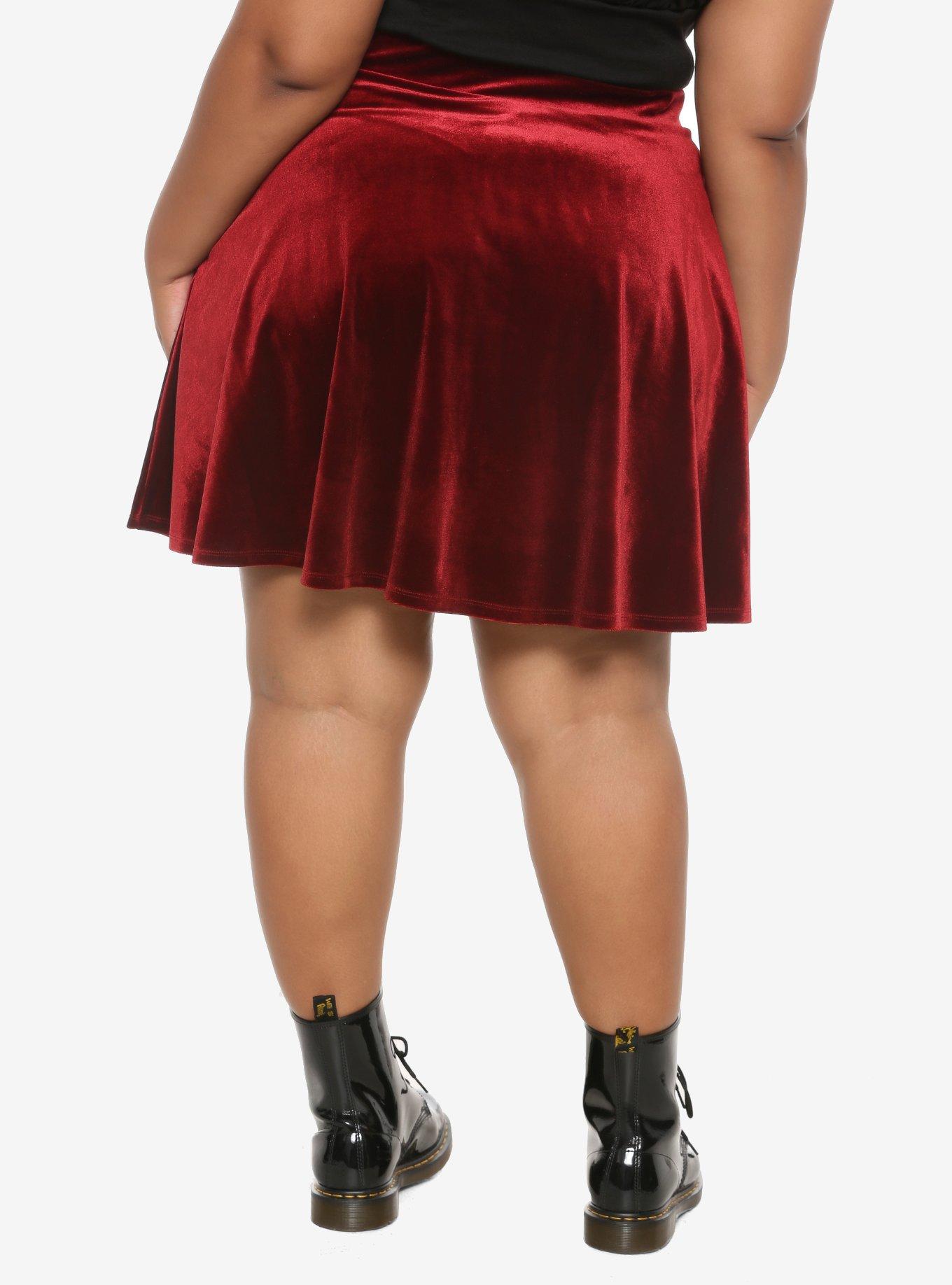 Burgundy Velvet Lace-Up Skater Skirt Plus Size, CABERNET, alternate