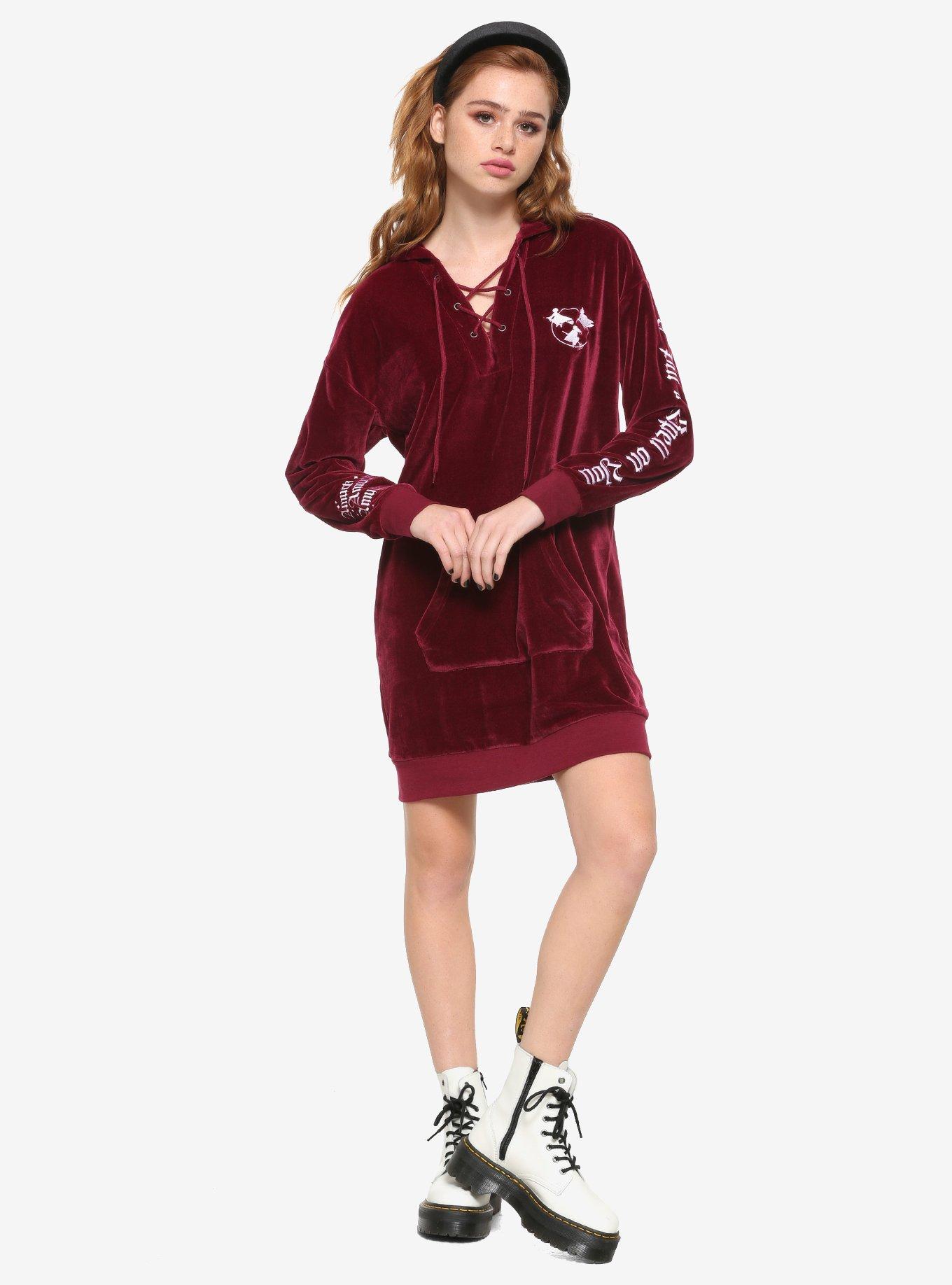 Her Universe Disney Hocus Pocus Velour Lace-Up Hoodie Dress, MAROON, alternate