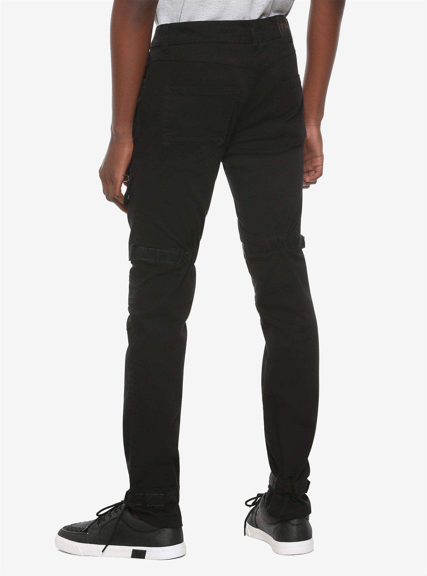 Black Hook & Loop Tape Strap Cargo Pants, BLACK, alternate