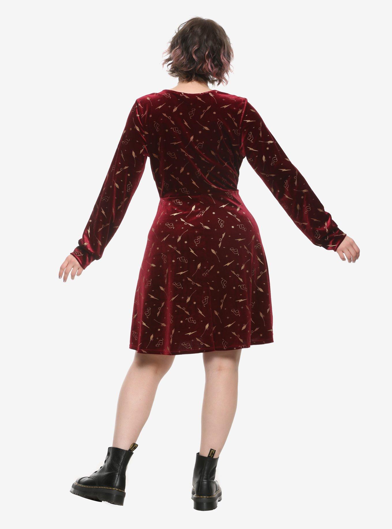 Harry Potter Burgundy Velvet Long-Sleeve Dress Plus Size, MAROON, alternate