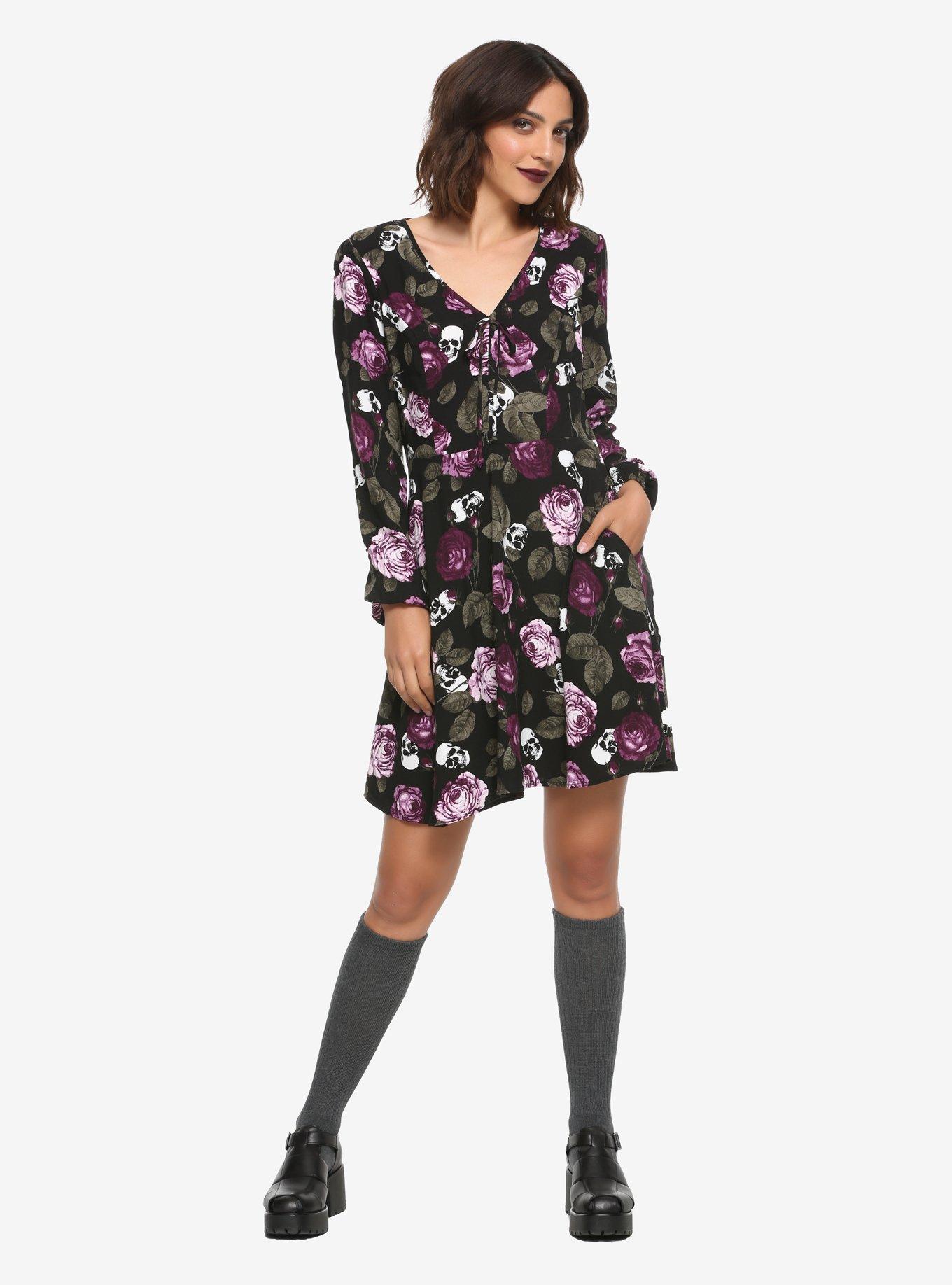 Roses & Skulls Long-Sleeve Dress, FLORAL, alternate