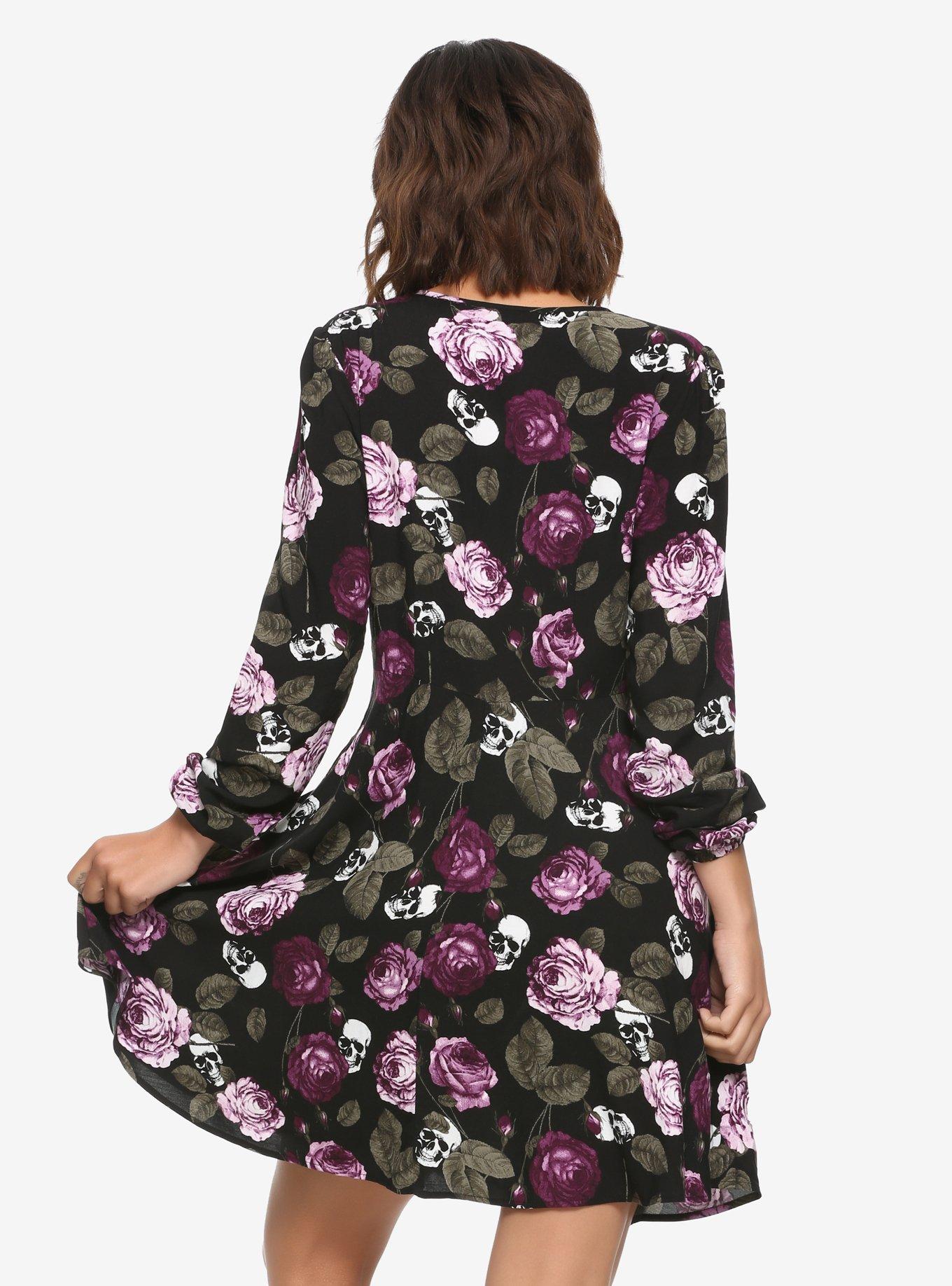 Roses & Skulls Long-Sleeve Dress, FLORAL, alternate