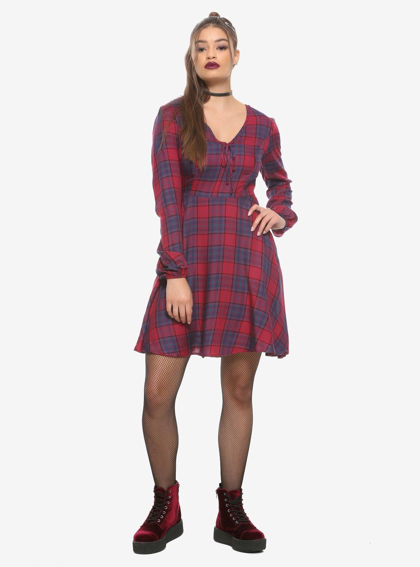 Burgundy & Blue Long-Sleeve Babydoll Dress, PLAID, alternate