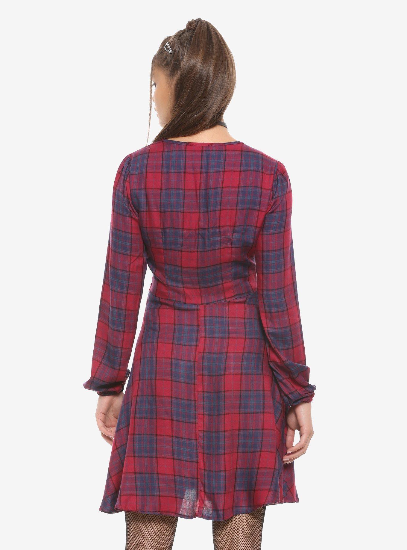 Burgundy & Blue Long-Sleeve Babydoll Dress, PLAID, alternate