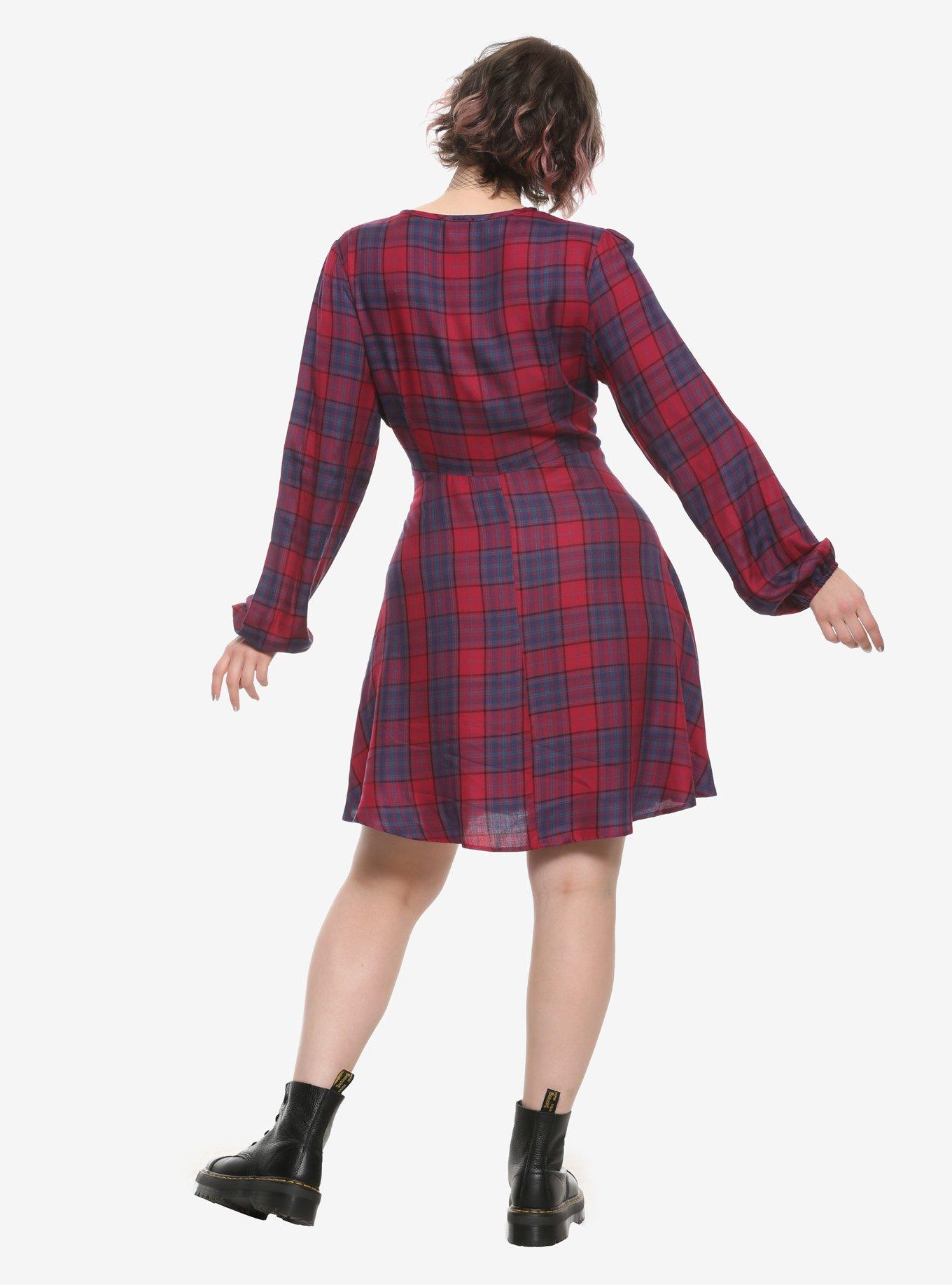 Burgundy & Blue Long-Sleeve Babydoll Dress Plus Size, PLAID, alternate