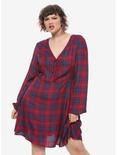 Burgundy & Blue Long-Sleeve Babydoll Dress Plus Size, PLAID, alternate