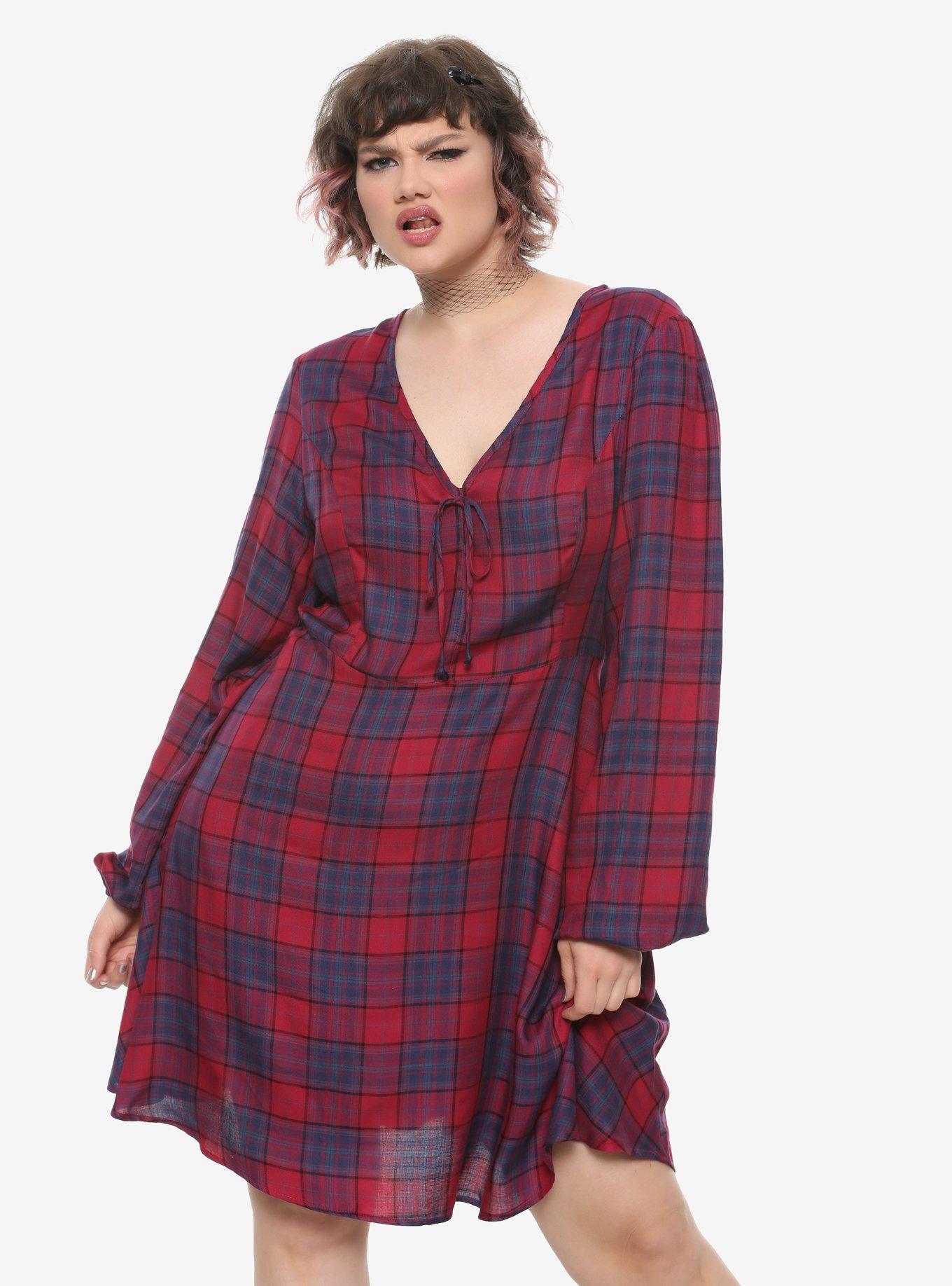 Burgundy & Blue Long-Sleeve Babydoll Dress Plus Size, PLAID, alternate