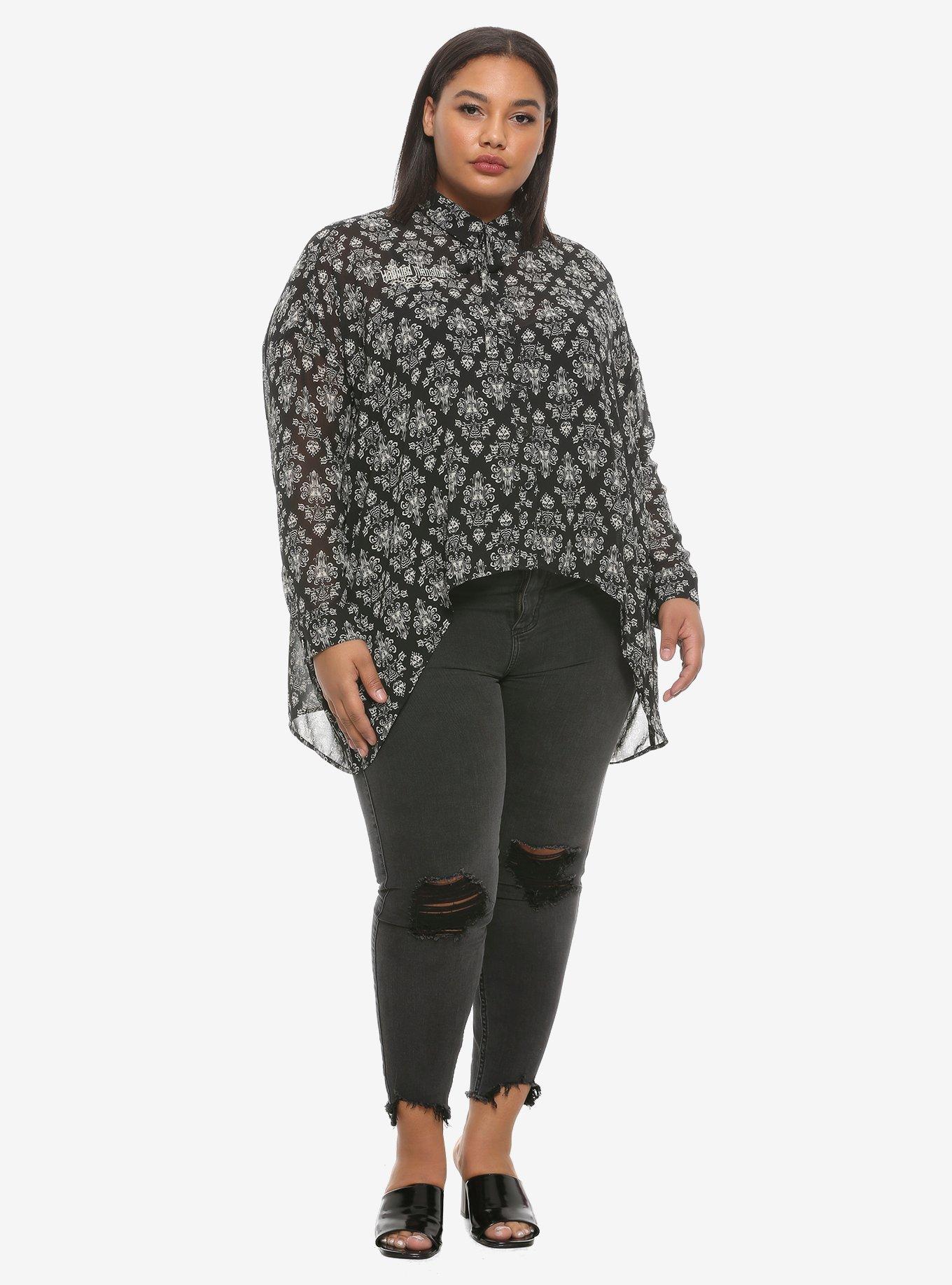 Her Universe Disney The Haunted Mansion Wallpaper Hi-Low Girls Woven Button-Up Plus Size, , alternate