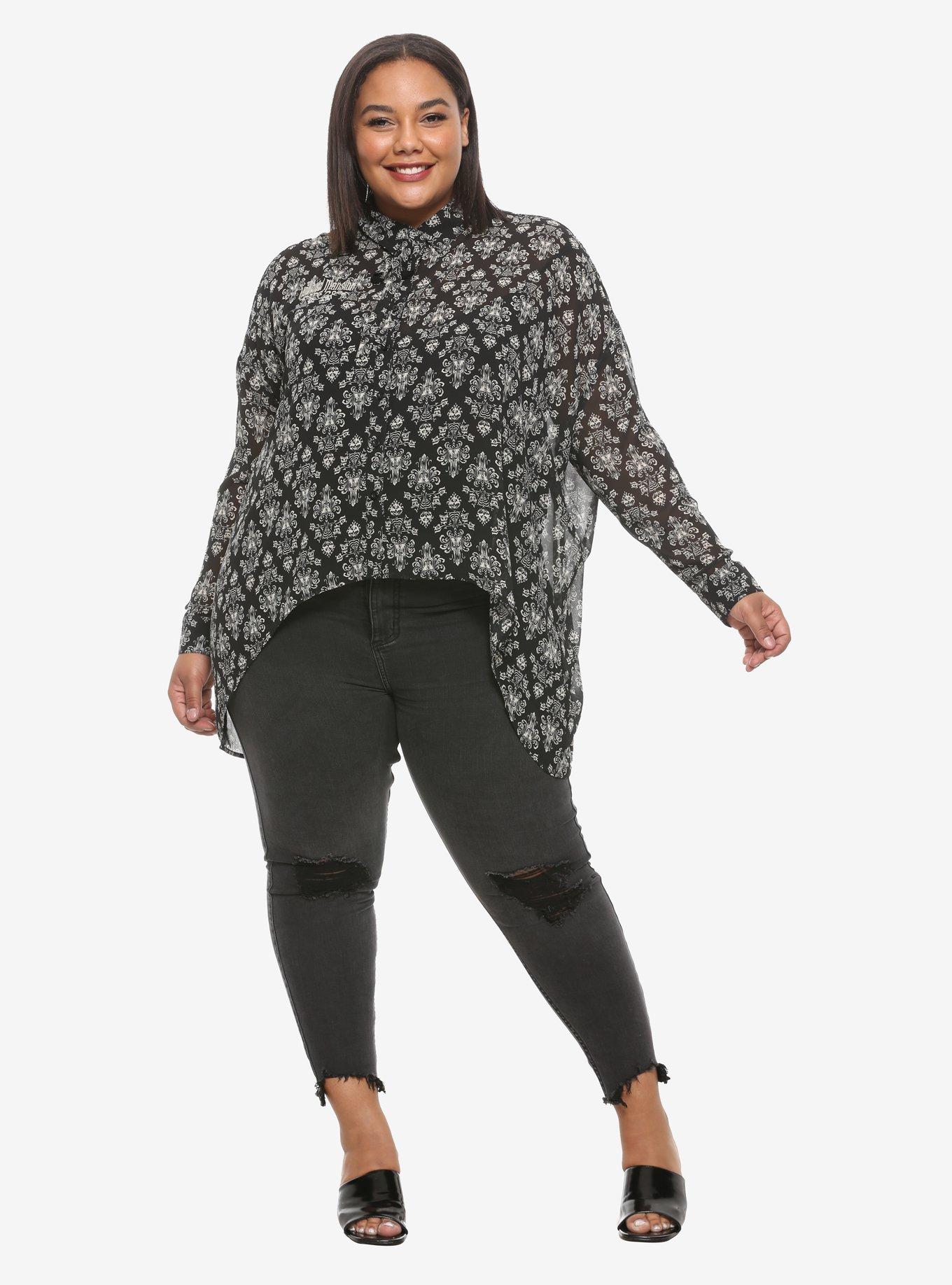 Her Universe Disney The Haunted Mansion Wallpaper Hi-Low Woven Button-Up Plus Size, , alternate