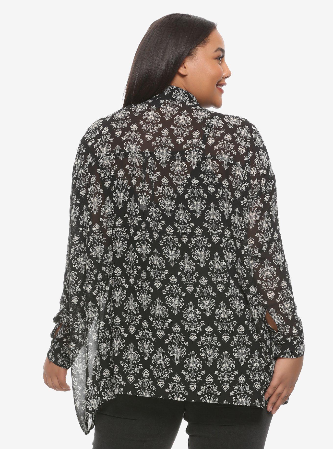 Her Universe Disney The Haunted Mansion Wallpaper Hi-Low Woven Button-Up Plus Size, , alternate