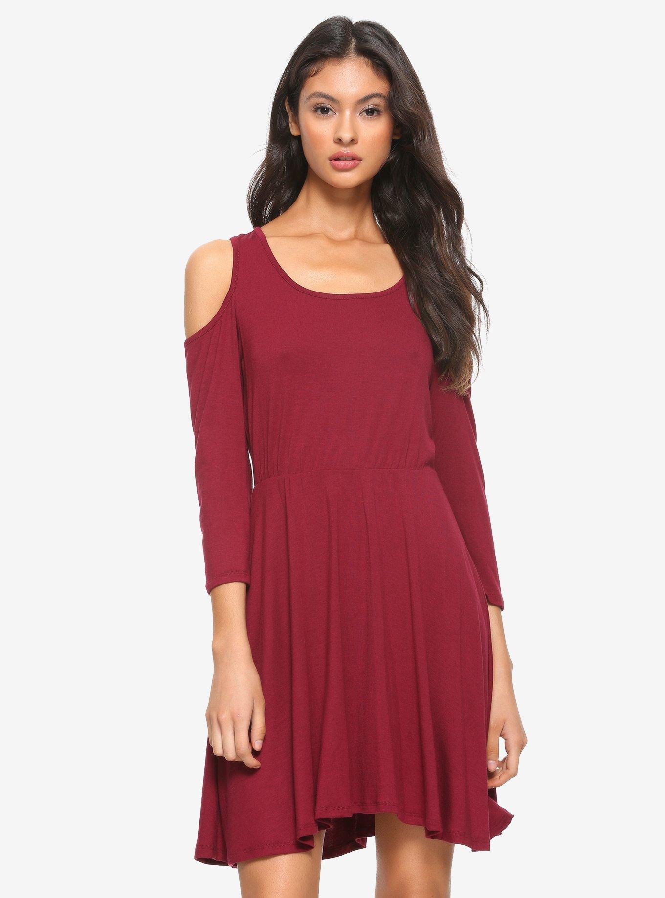 Burgundy Lace Skull Cold Shoulder Dress, BURGUNDY, alternate