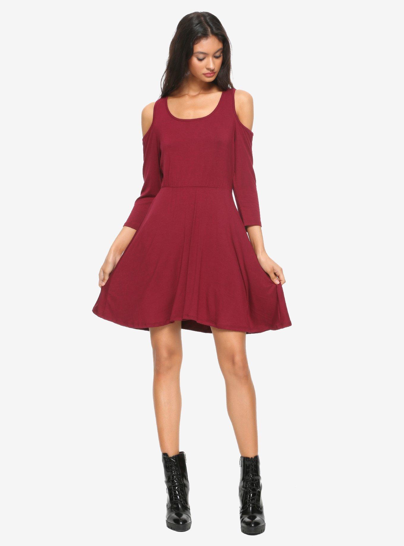 Burgundy Lace Skull Cold Shoulder Dress, BURGUNDY, alternate