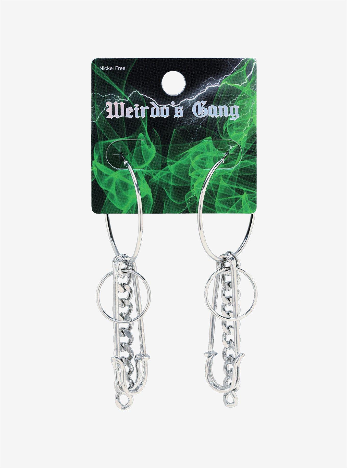 Weirdo's Gang Safety Pin Chain Hoop Earrings, , alternate