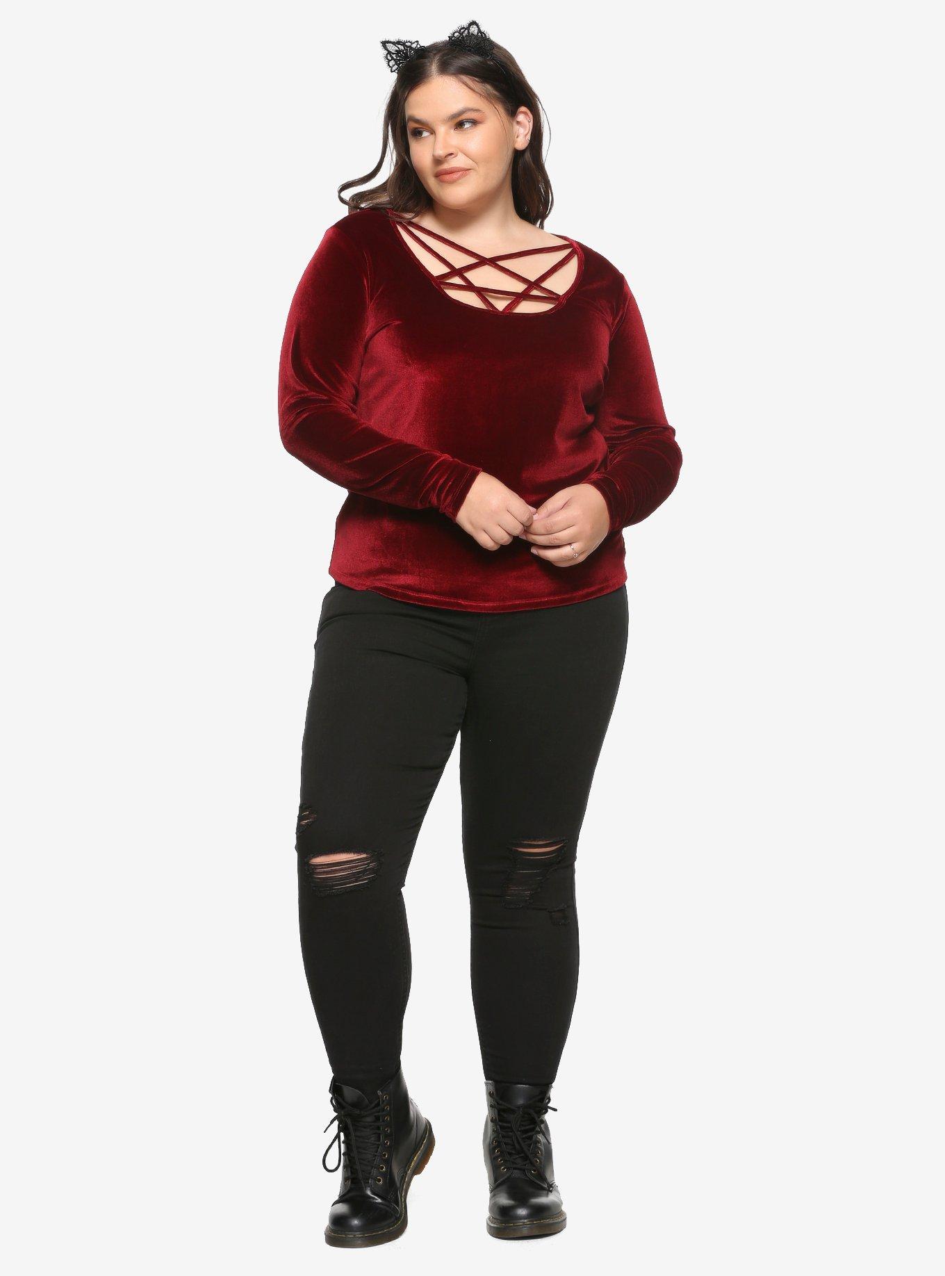 Burgundy Velvet Pentagram Strappy Girls Long-Sleeve T-Shirt Plus Size, BLACK, alternate