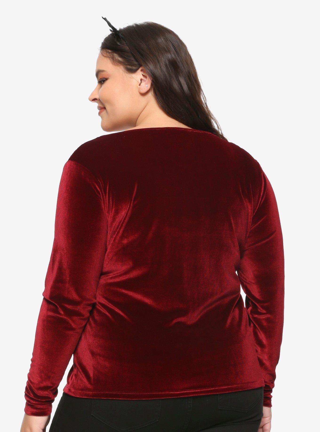 Burgundy Velvet Pentagram Strappy Girls Long-Sleeve T-Shirt Plus Size, BLACK, alternate