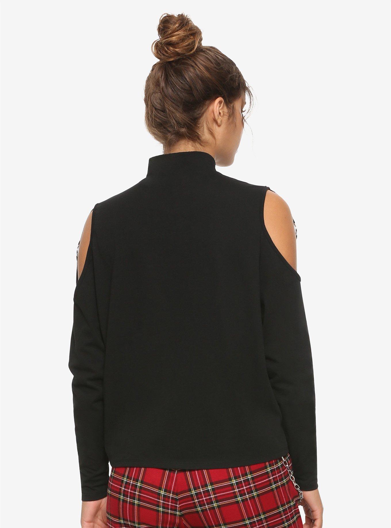 Black Cold Shoulder Girls Strappy Long-Sleeve T-Shirt, BLACK, alternate