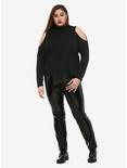 Black Strappy Cold Shoulder Long-Sleeve Girls T-Shirt Plus Size, BLACK, alternate