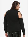 Black Strappy Cold Shoulder Long-Sleeve Girls T-Shirt Plus Size, BLACK, alternate