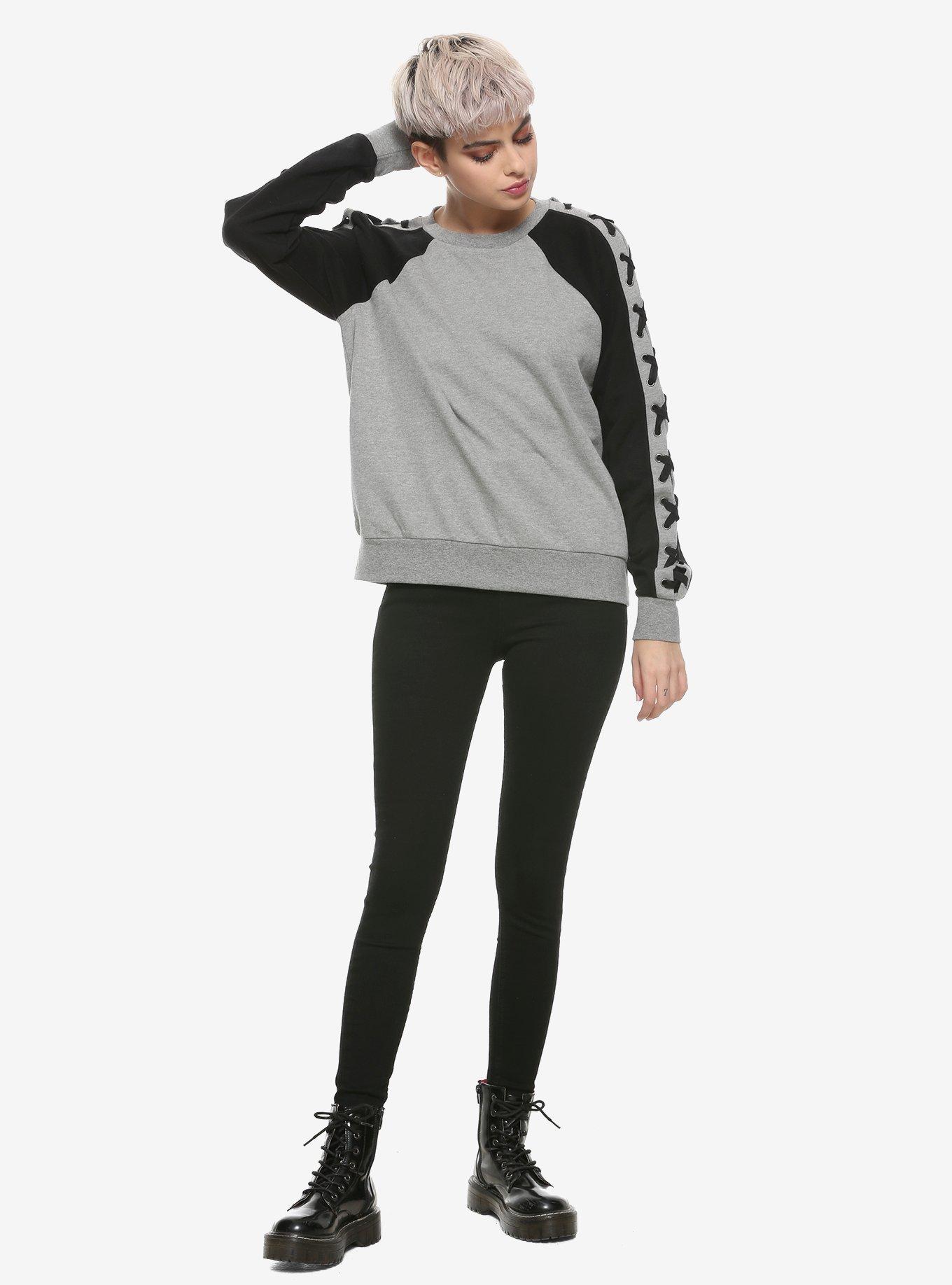 Black & Grey Lace-Up Girls Long-Sleeve Sweatshirt, BLACK, alternate