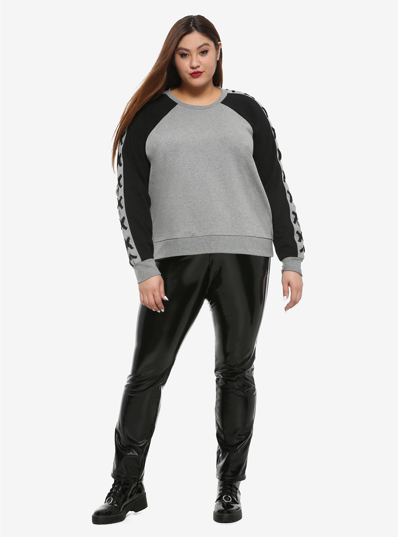 Black & Grey Lace-Up Girls Long-Sleeve Sweatshirt Plus Size, BLACK, alternate