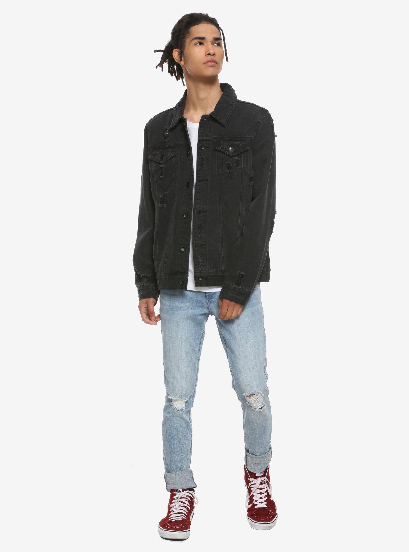 Black Destructed Denim Jacket, BLACK, alternate