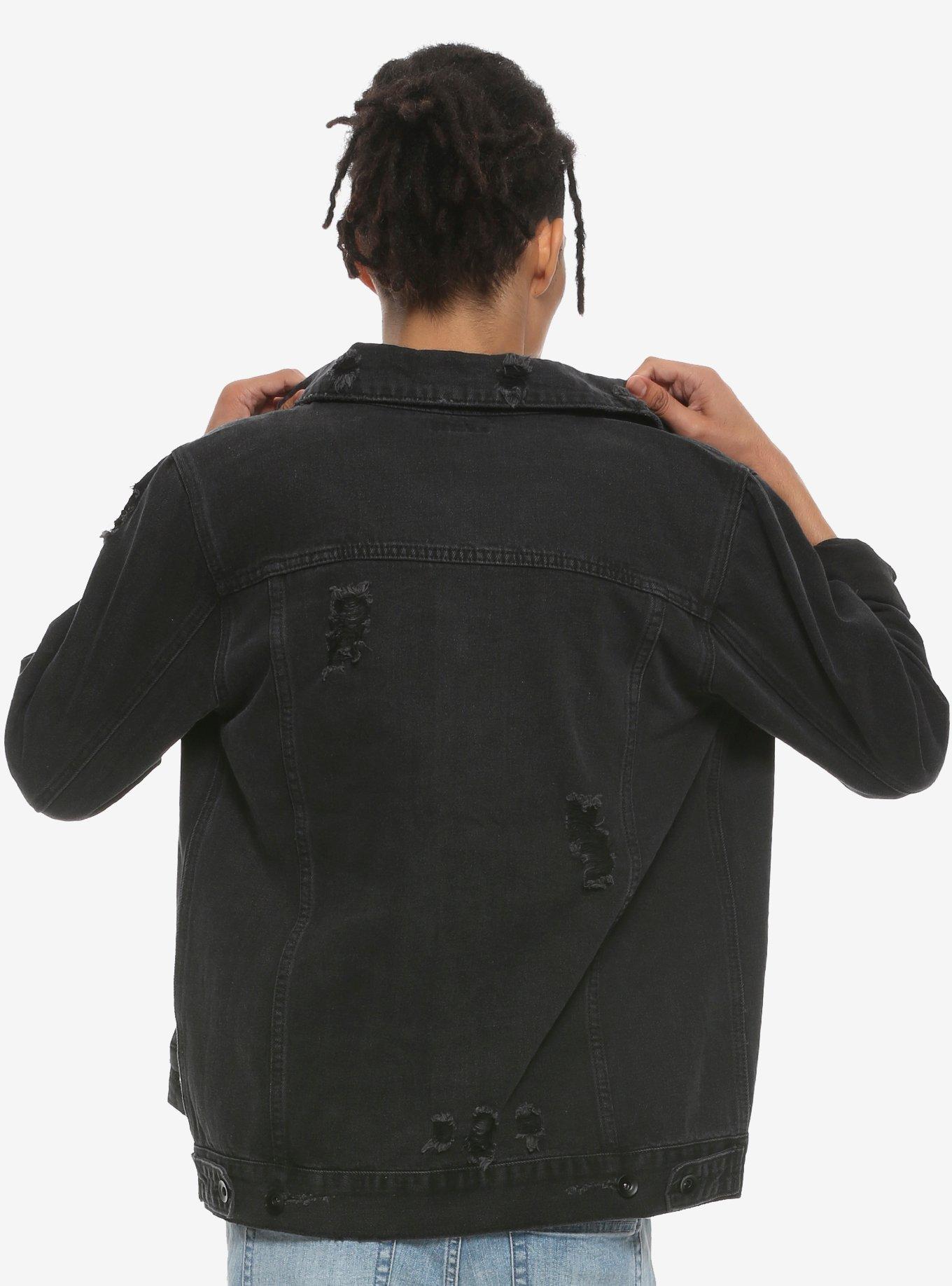 Black Destructed Denim Jacket, BLACK, alternate