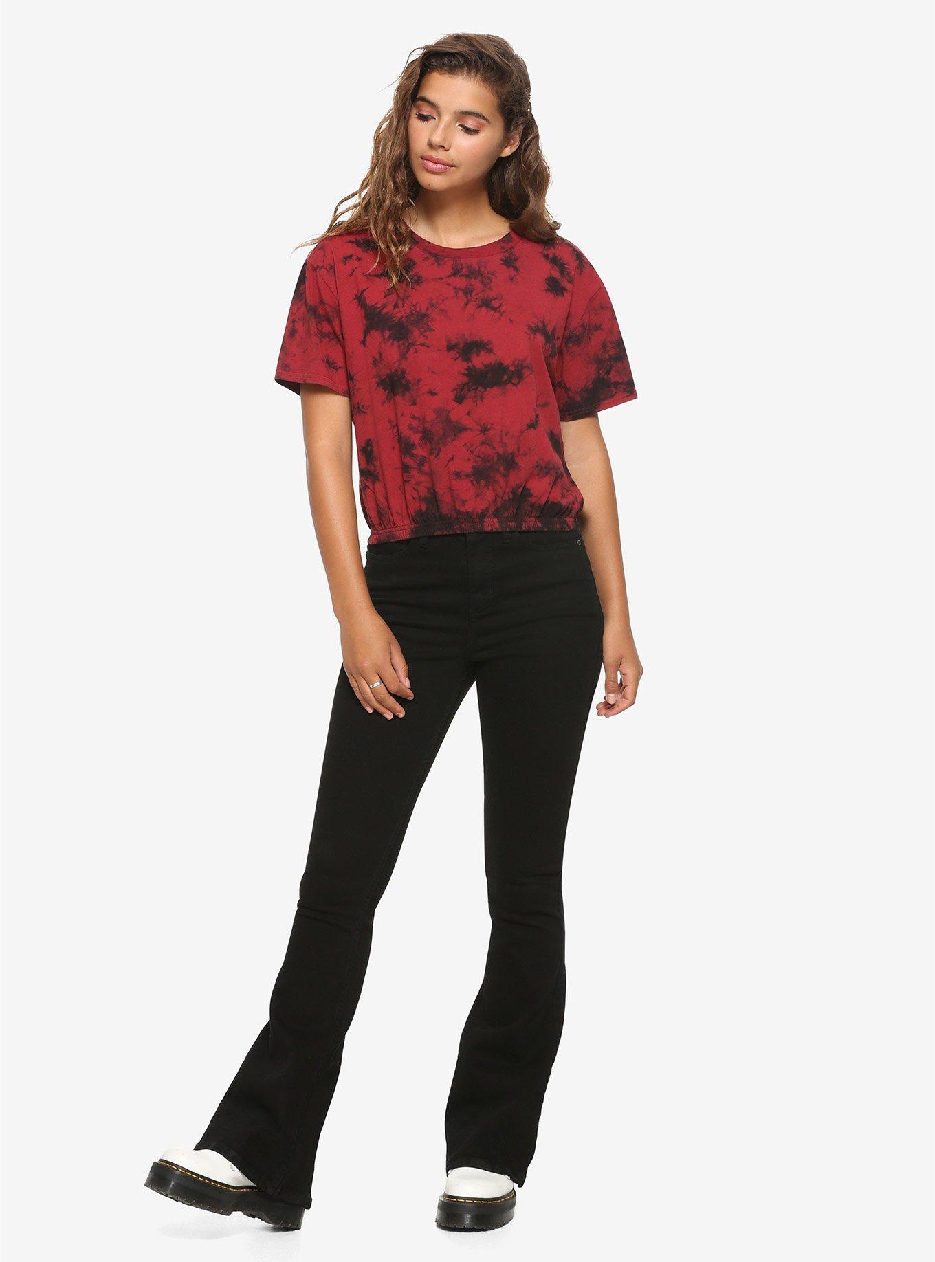 Black & Red Tie-Dye Elastic Waistband Girls Crop T-Shirt, RED, alternate