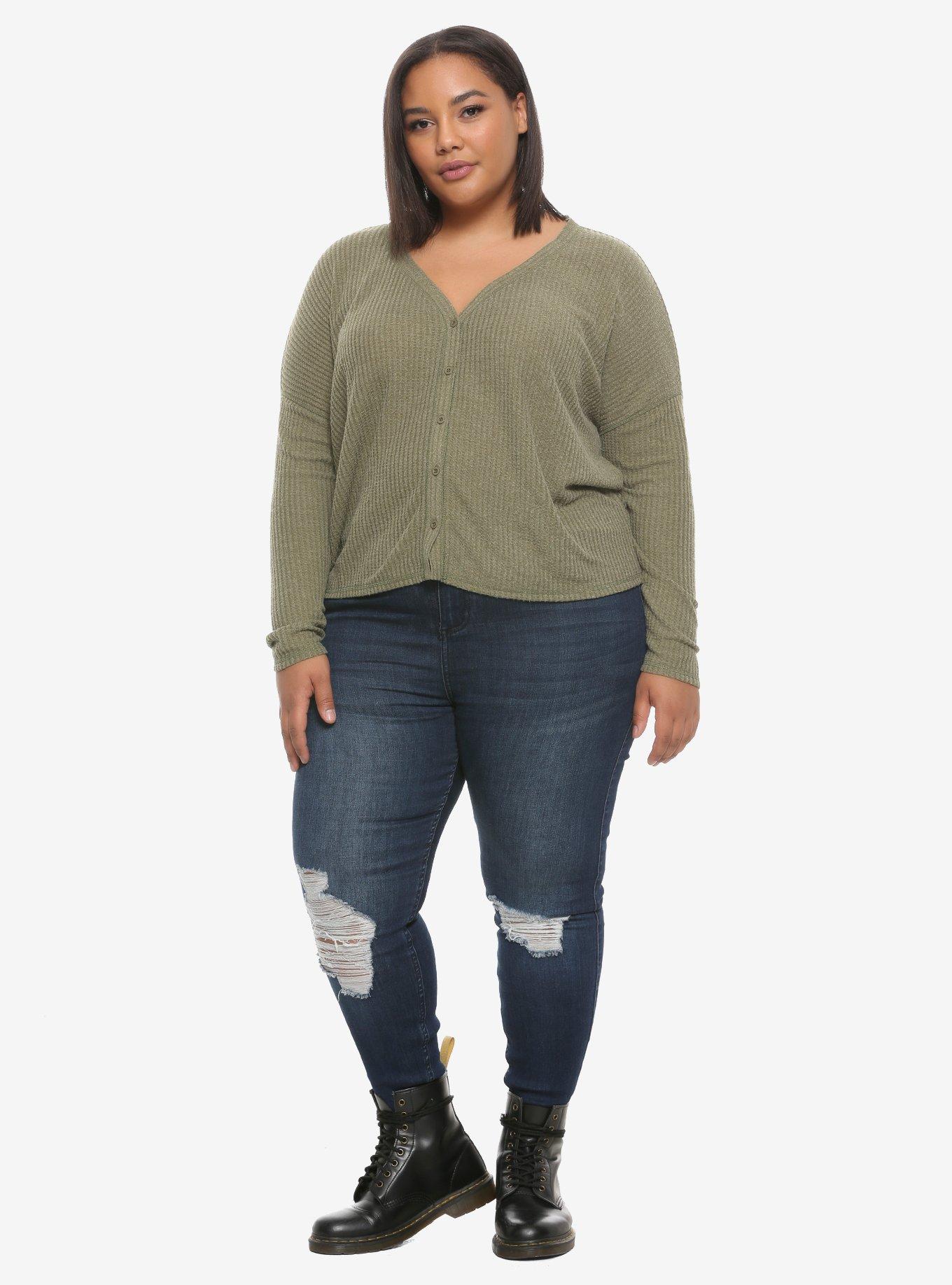 Olive Thermal Girls Crop Cardigan Plus Size, OLIVE, alternate