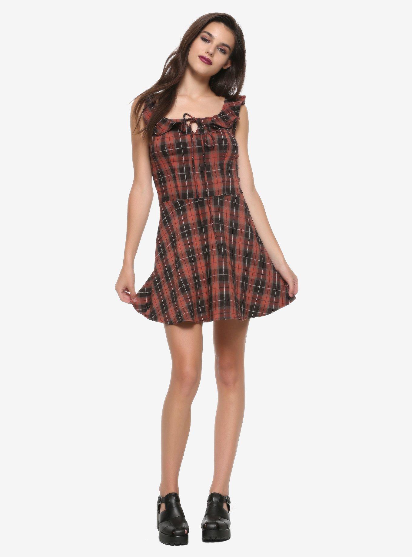 Brown Plaid Ruffle Dress, PLAID, alternate