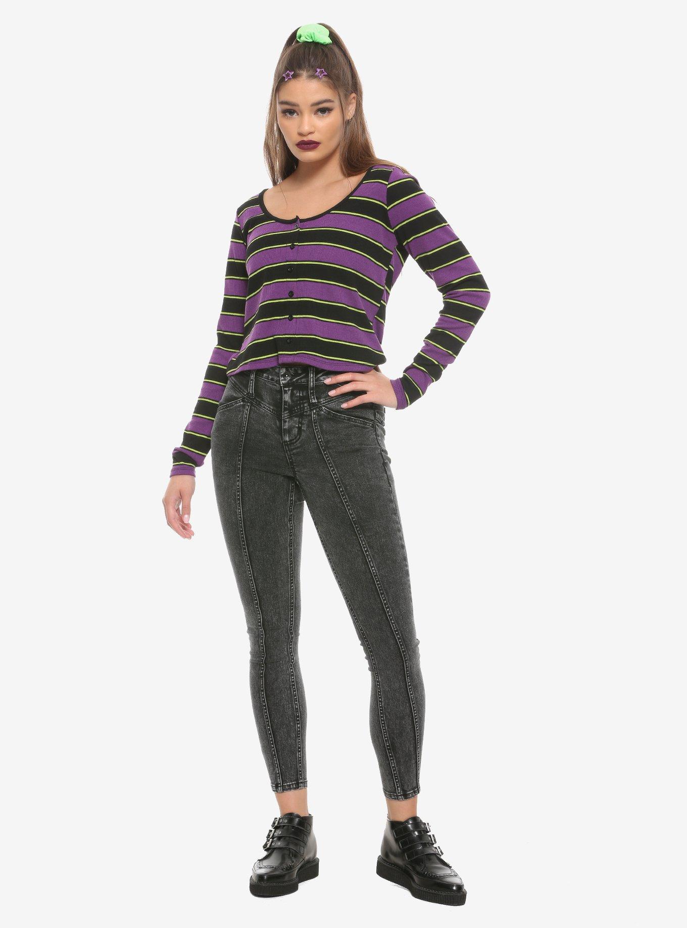 Purple, Black & Green Girls Ribbed Long-Sleeve T-Shirt, MULTI, alternate