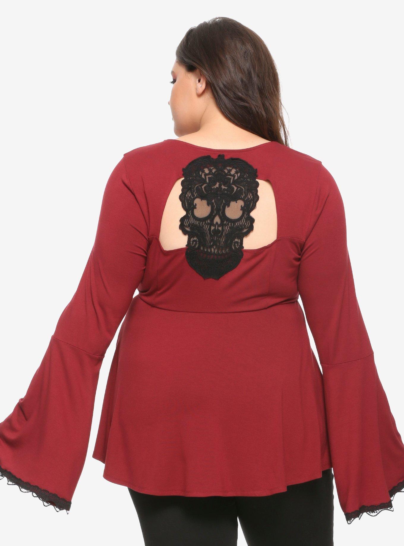 Burgundy Skull Back Bell Sleeve Girls Peplum Top Plus Size, BURGUNDY, alternate