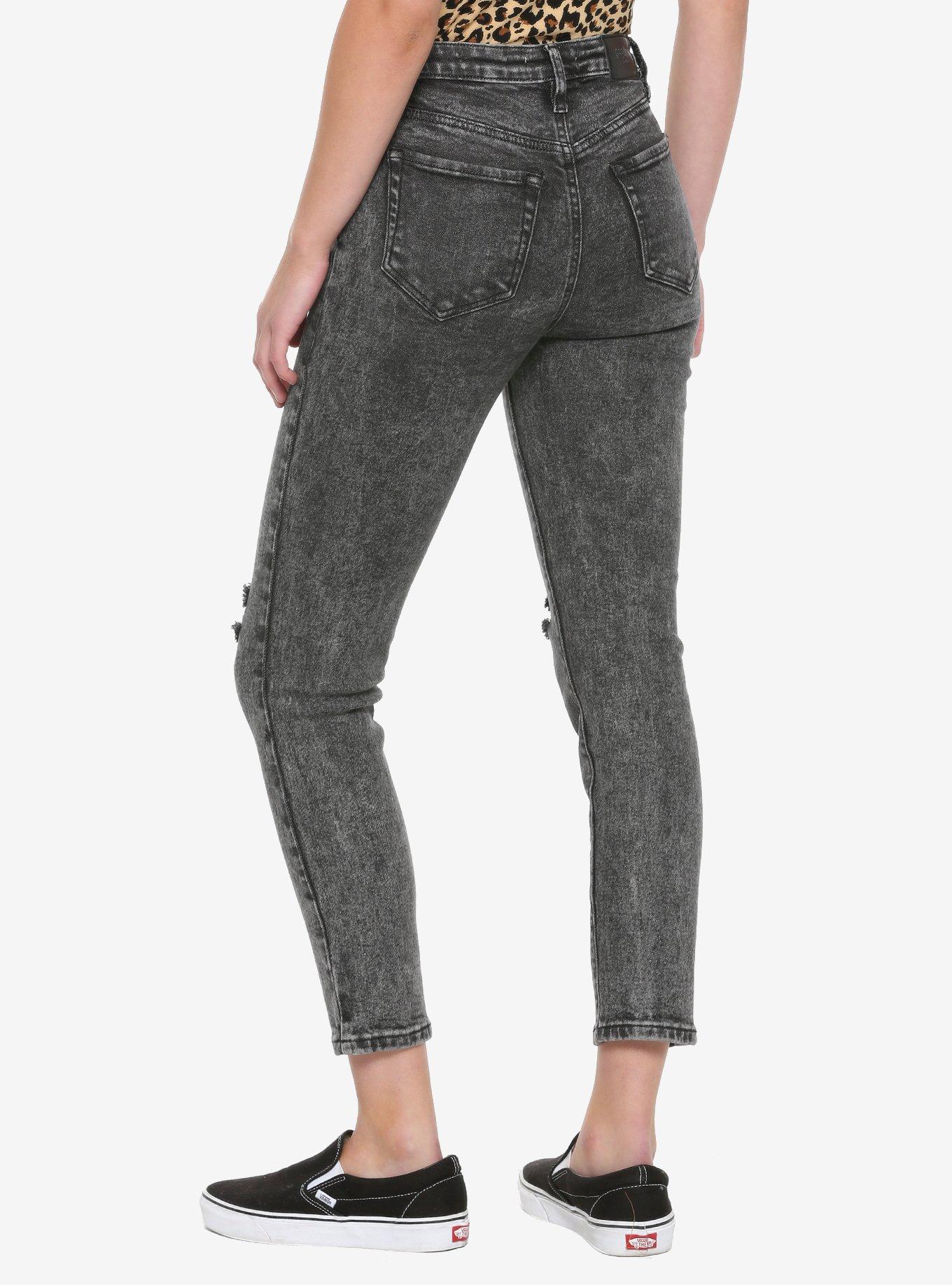 Black Acid Wash Distressed Hi-Rise Skinny Jeans, BLACK, alternate