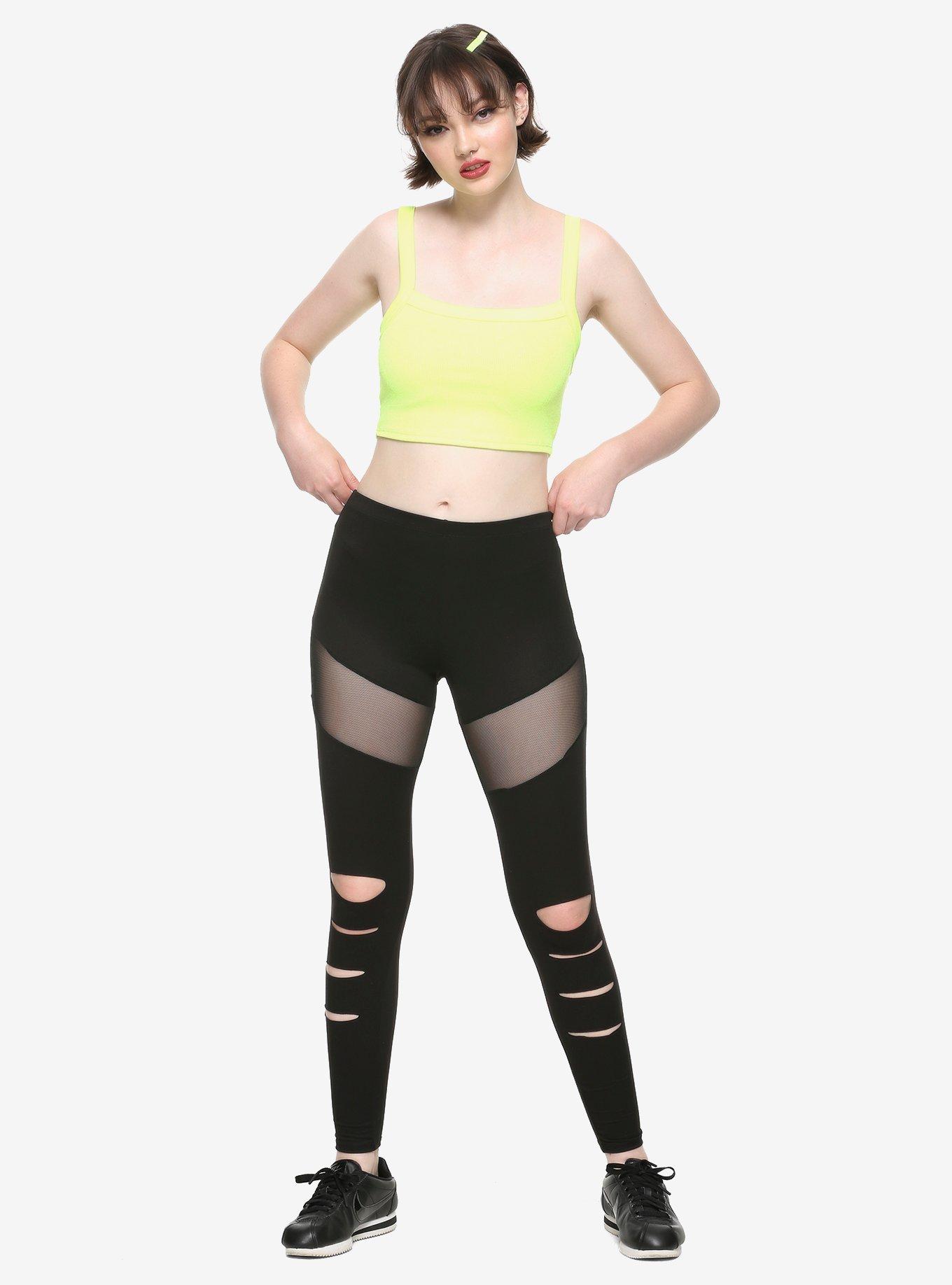 Mesh & Shredded Front Leggings, BLACK, alternate