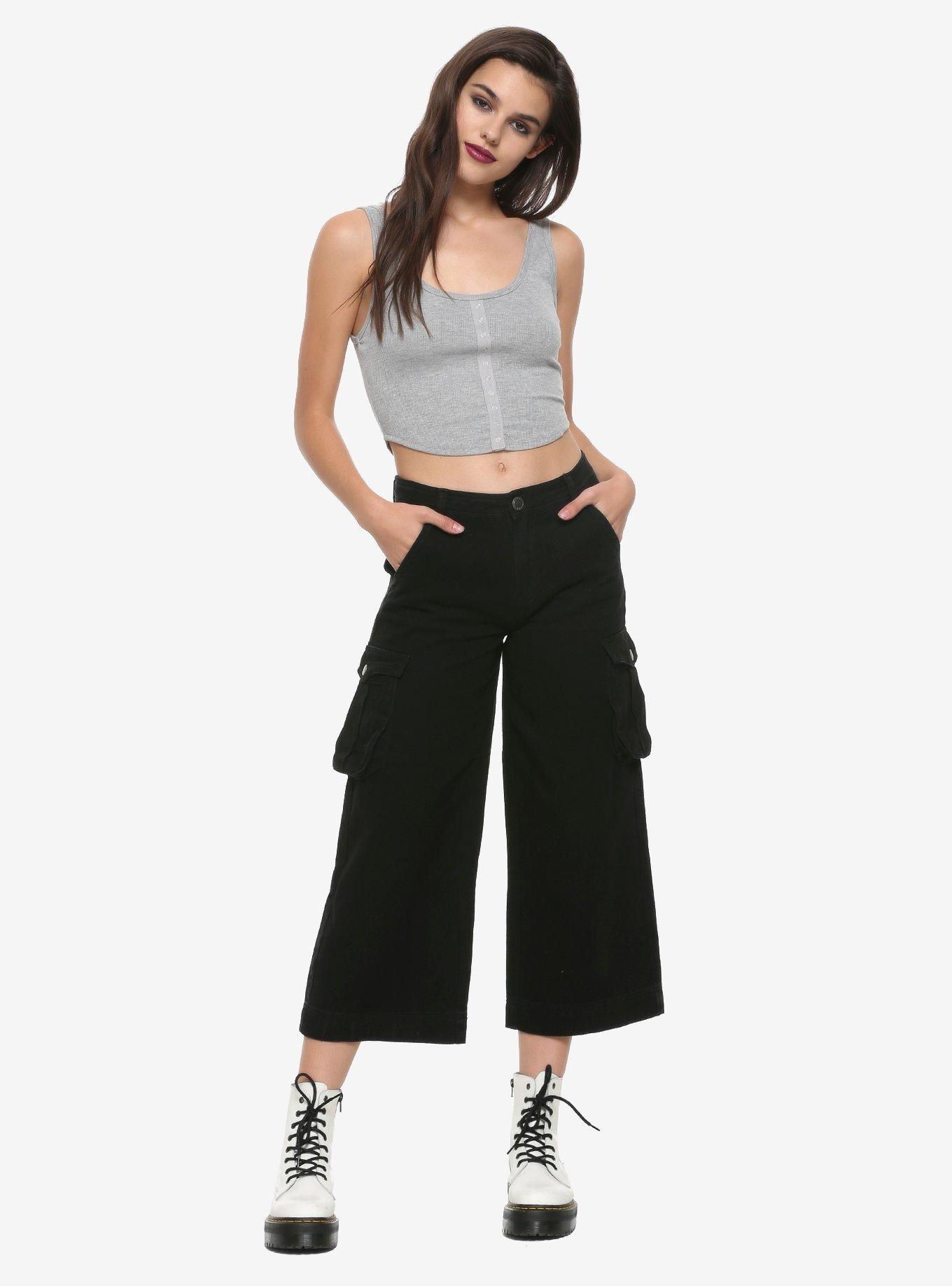 Cargo Pocket Wide Leg Crop Pants, BLACK, alternate