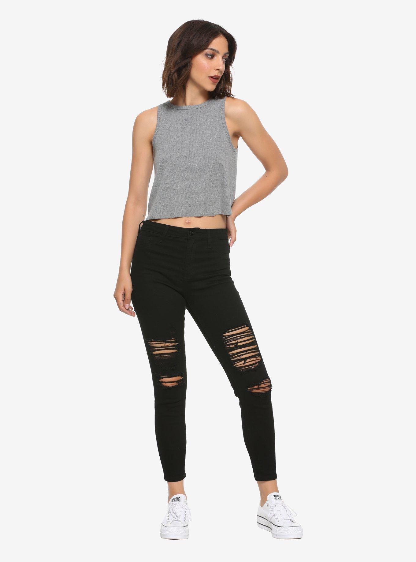 Black Destructed Hi-Rise Skinny Crop Jeans, BLACK, alternate