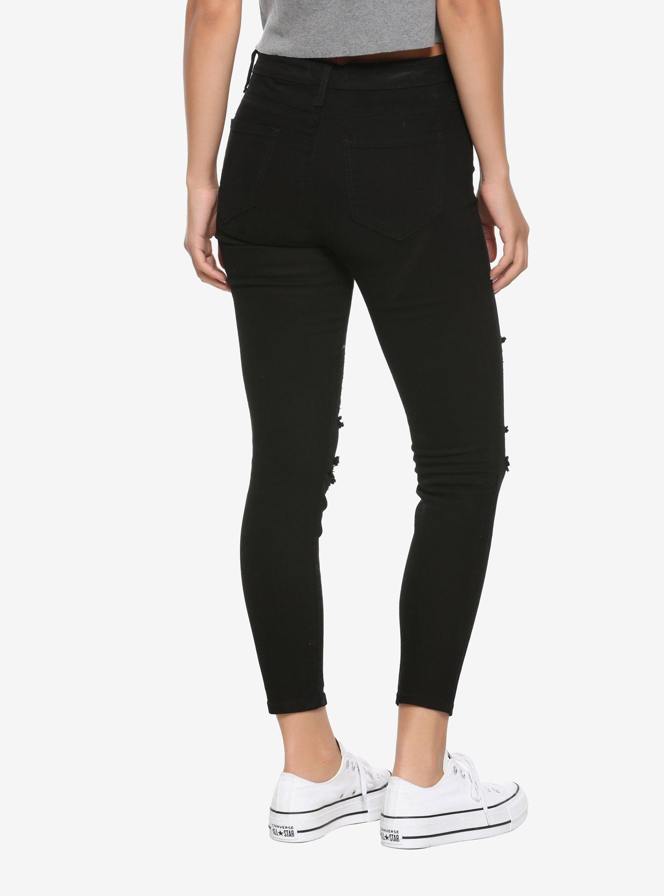 Black Destructed Hi-Rise Skinny Crop Jeans, BLACK, alternate