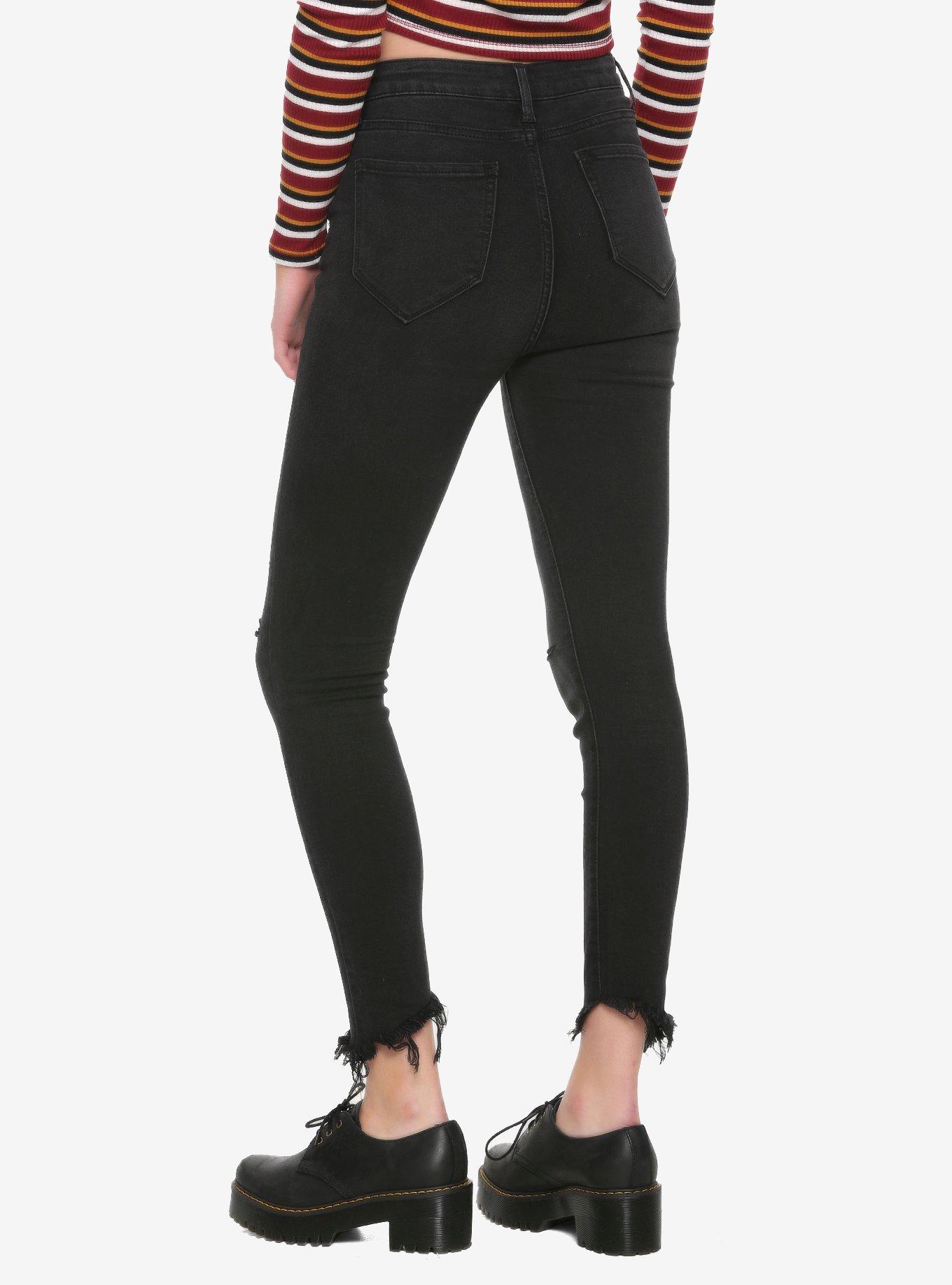 Black Lace-Up Front Distressed Skinny Jeans, BLACK, alternate