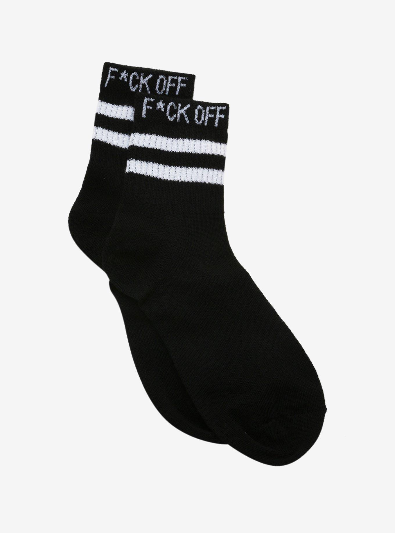 F*ck Off Black & White Varisty Stripe Ankle Socks, , alternate