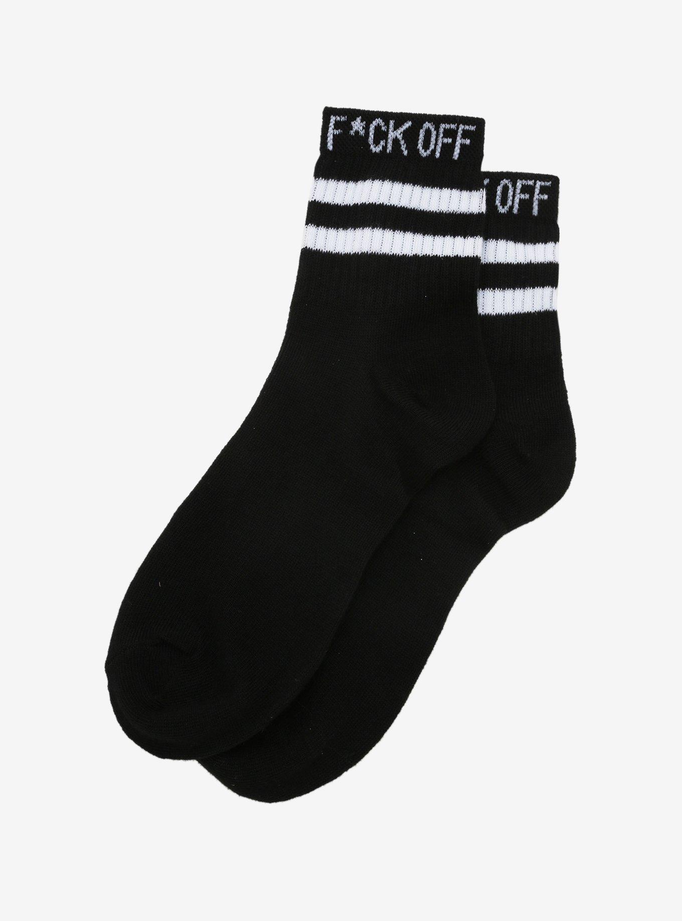 F*ck Off Black & White Varisty Stripe Ankle Socks, , alternate