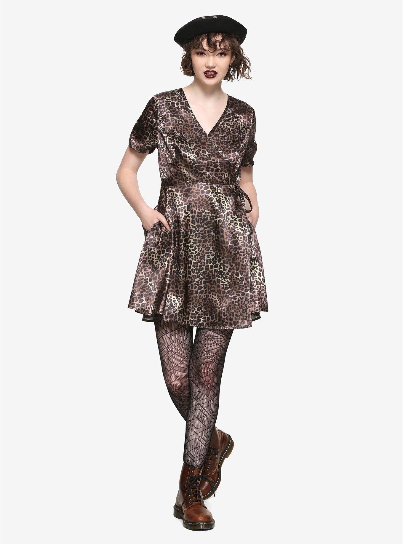 Leopard Print Satin Wrap Dress, LEOPARD, alternate